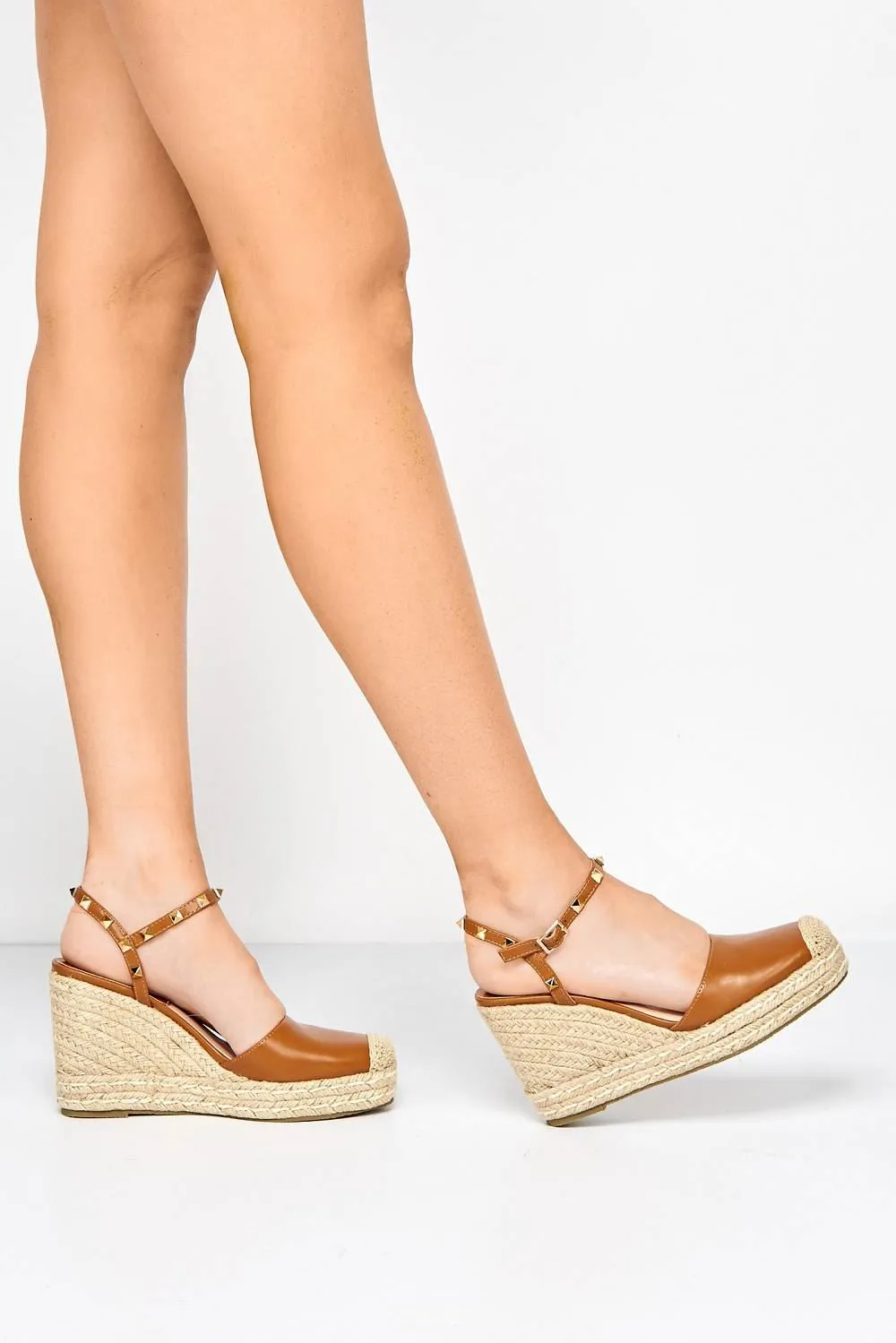 Alala Round Toe Studded Anklestrap Espadrille Wedge in Tan