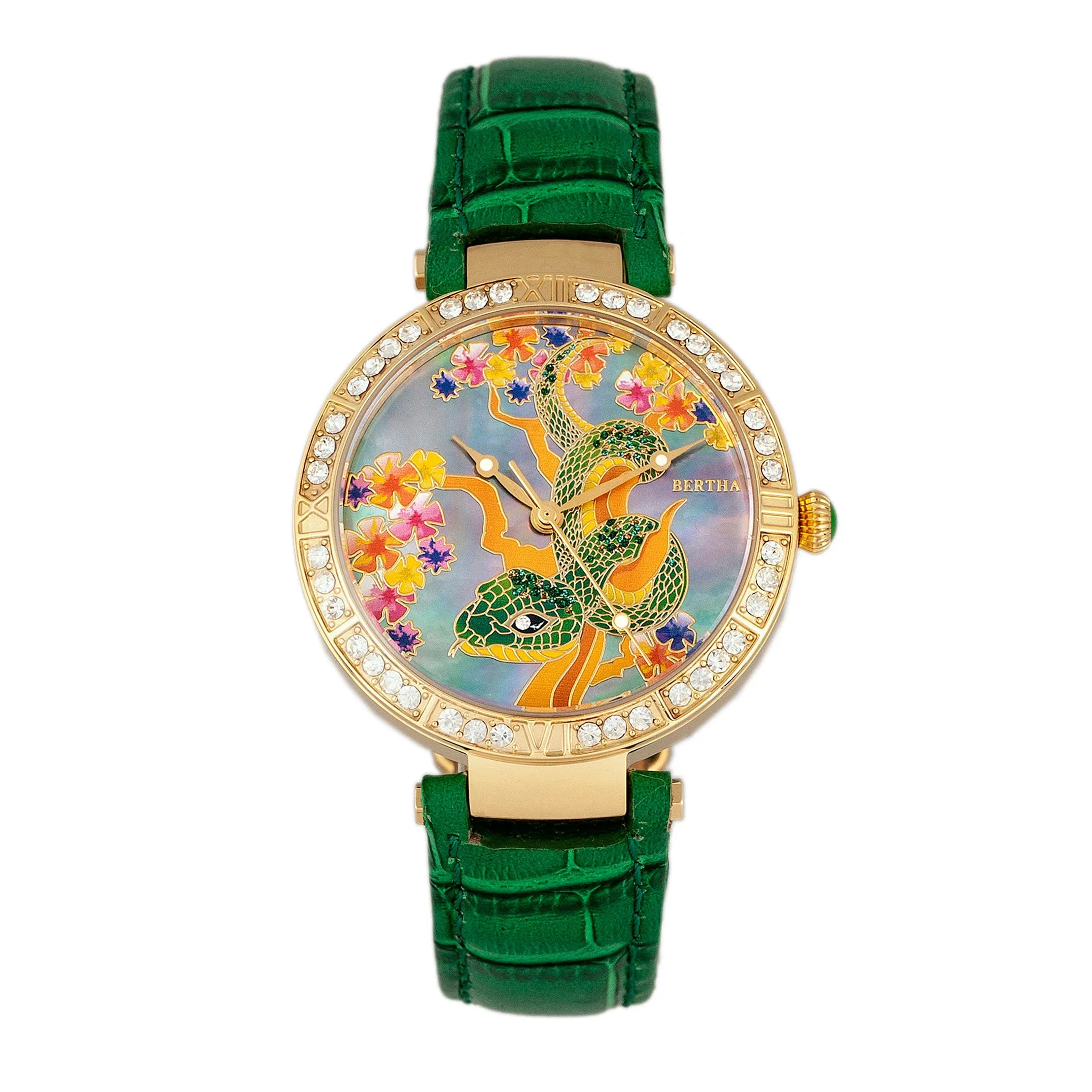 Bertha Mia Mother-Of-Pearl Leather-Band Watch - Green