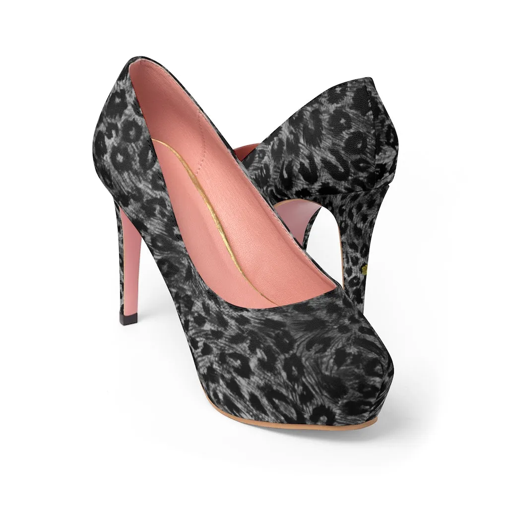 Black Leopard Women's Platform Heels, Leopard Grey Animal Print Fashion Stiletto Heels For Ladies