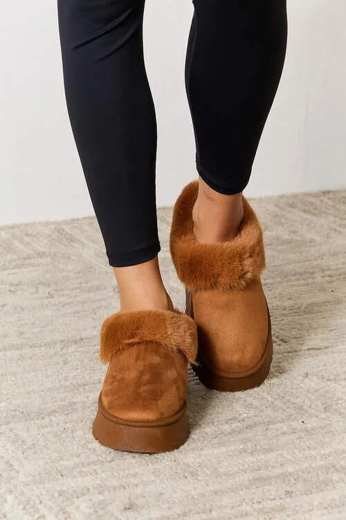 Camel Furry Chunky Platform Ankle Boots