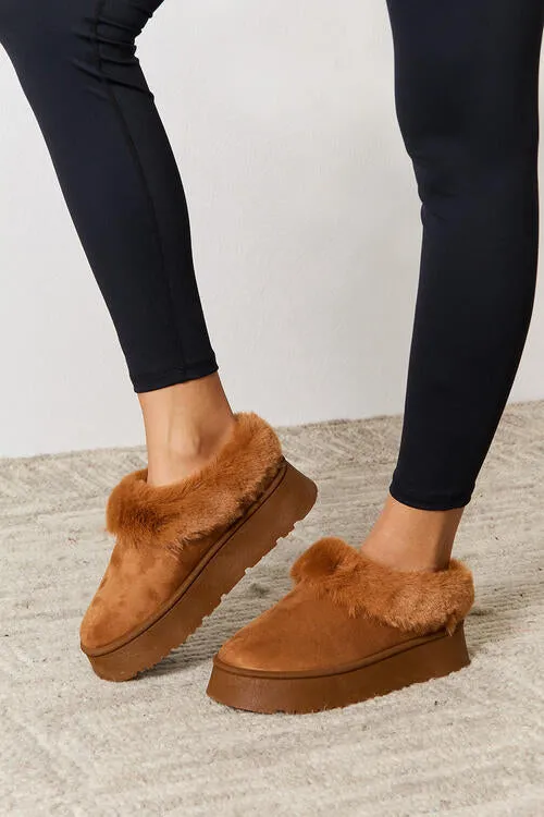 Camel Furry Chunky Platform Ankle Boots