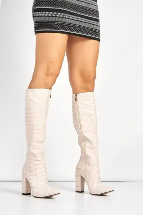 Darya Pointed Toe Knee High Boot with Zip in Nude Croc