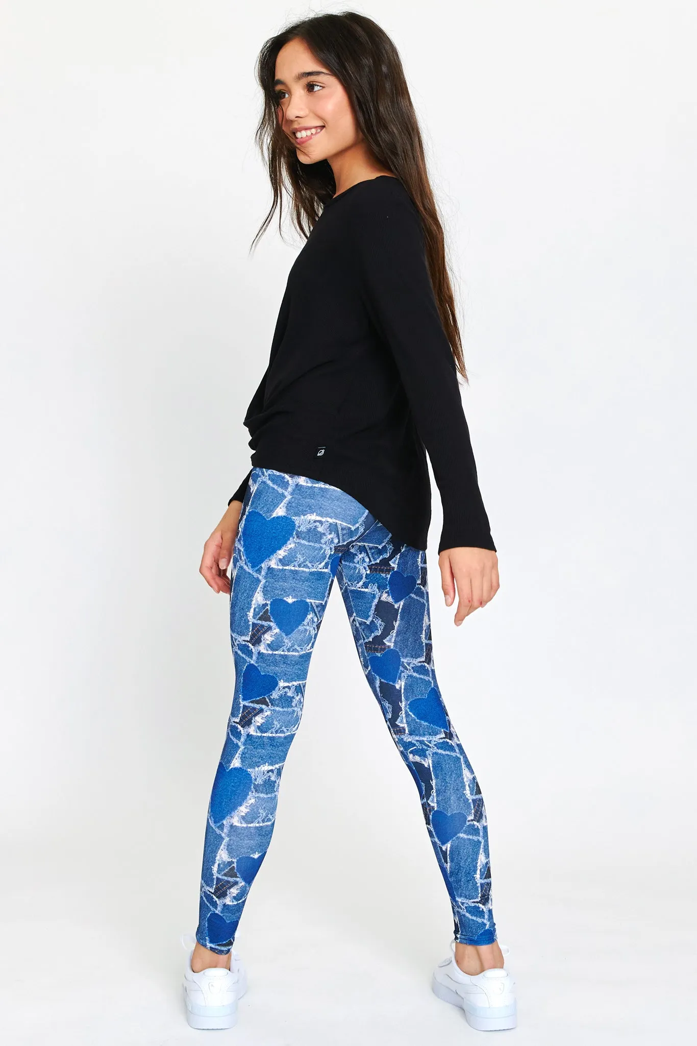 Girls Leggings in Denim Heart Patchwork