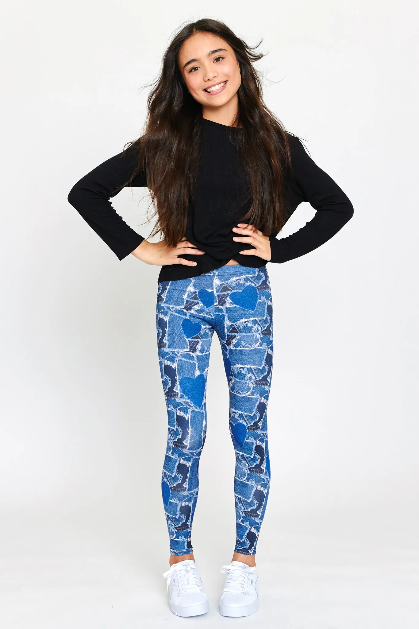 Girls Leggings in Denim Heart Patchwork