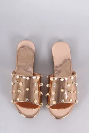 Metallic Pearl Embellished Band Open Toe Slip-On Flat Sandal