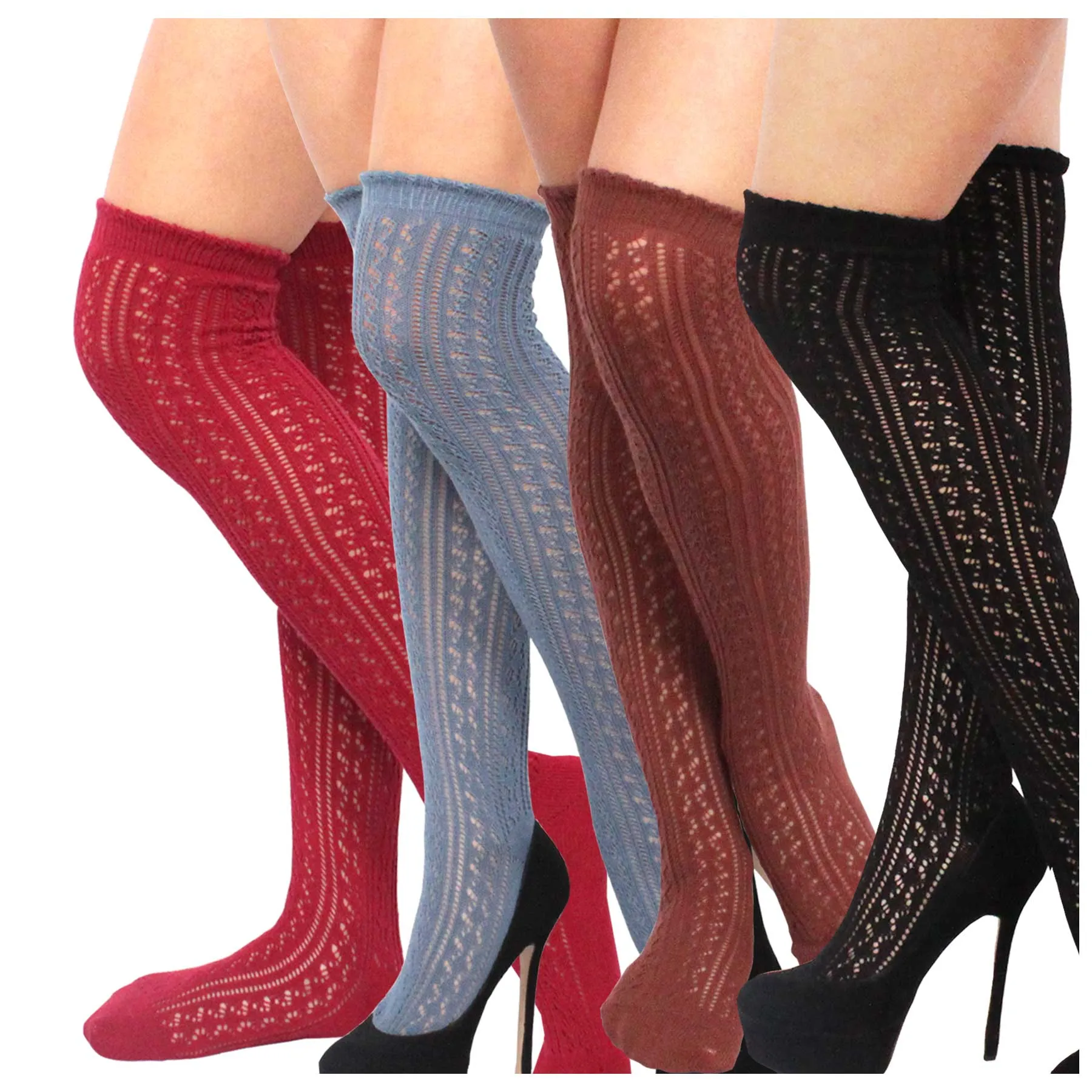 TeeHee Socks Women's Casual Cotton Over the Knee Open Pointelle 4-Pack (10375)