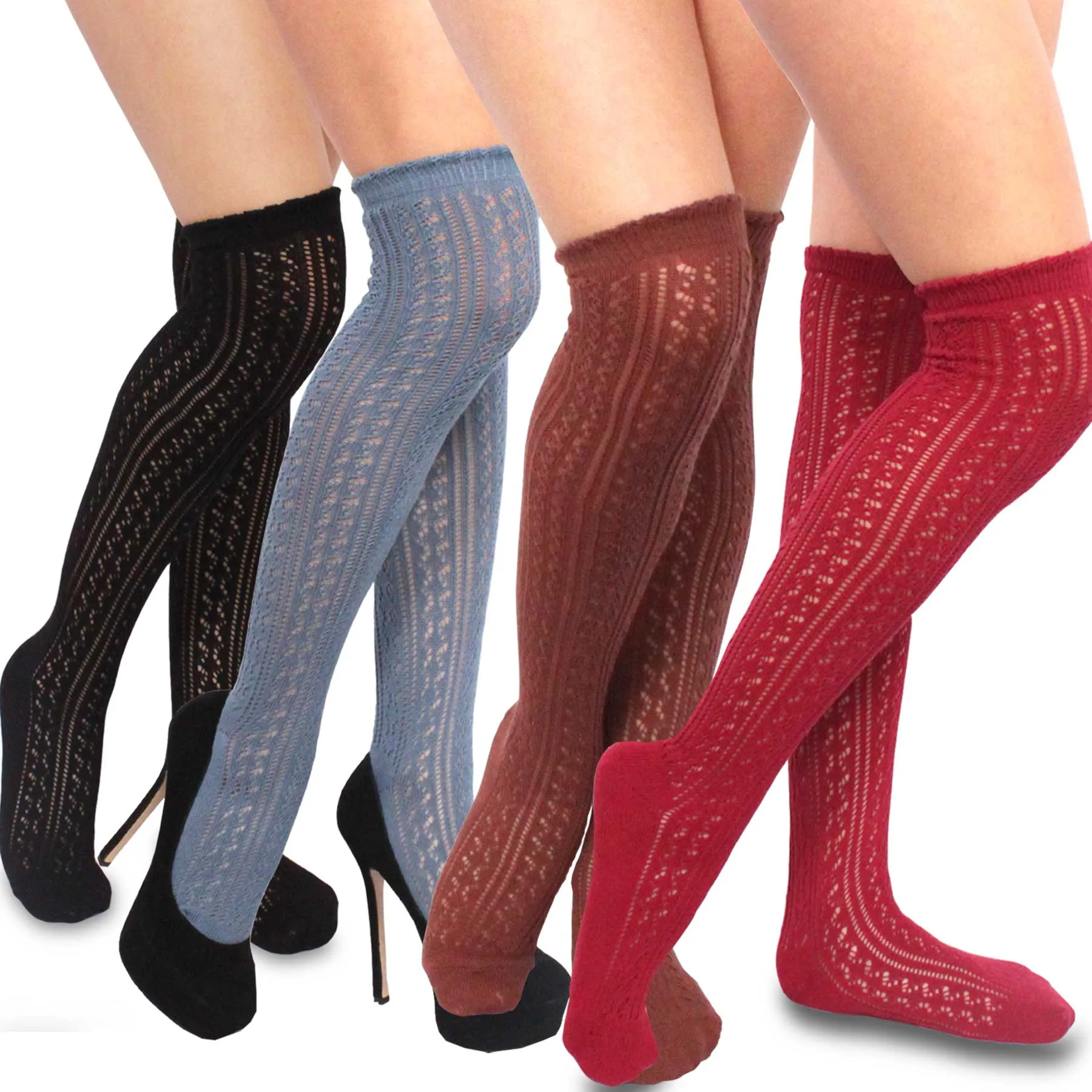 TeeHee Socks Women's Casual Cotton Over the Knee Open Pointelle 4-Pack (10375)