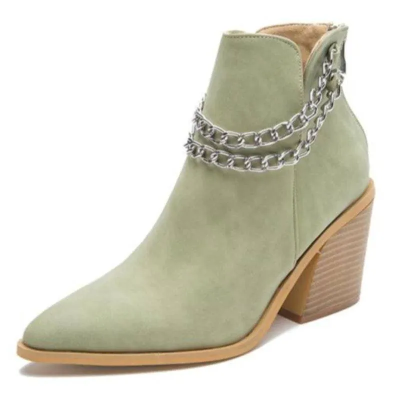 Women's Chain Zipper Back Chunky Heel Boots