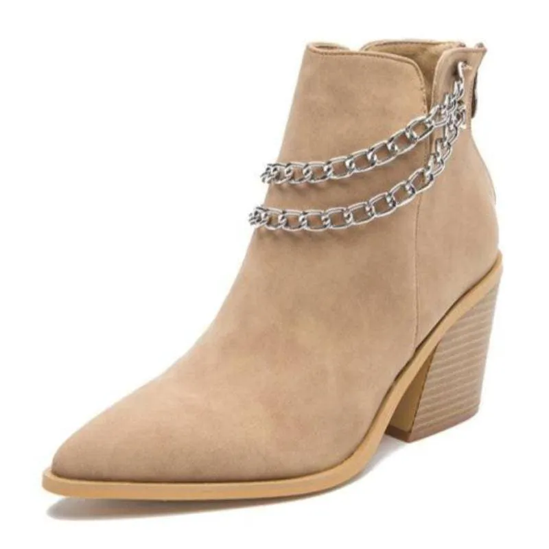 Women's Chain Zipper Back Chunky Heel Boots