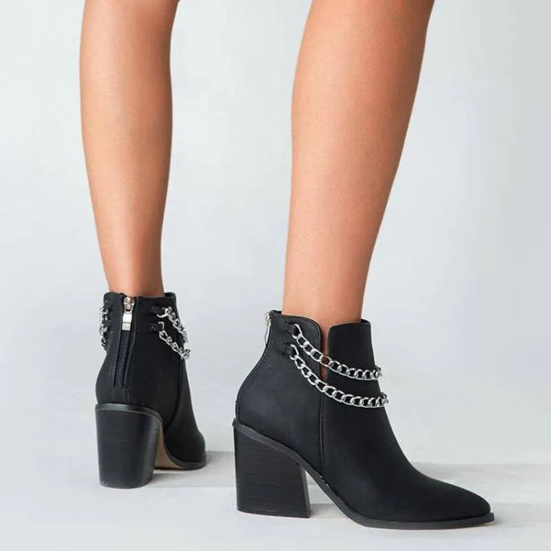 Women's Chain Zipper Back Chunky Heel Boots